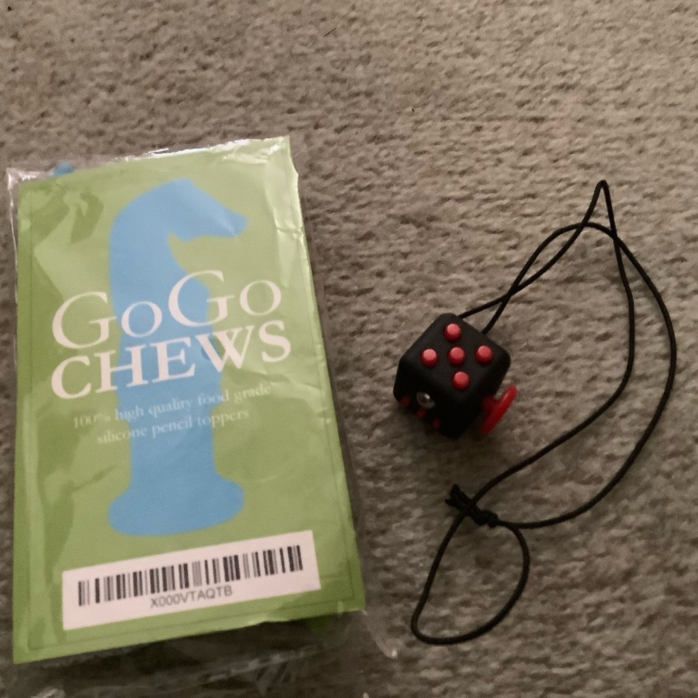Sensory Fidget Toys! Silicone Chew Pencil Tops and Fidget cube on Necklace.